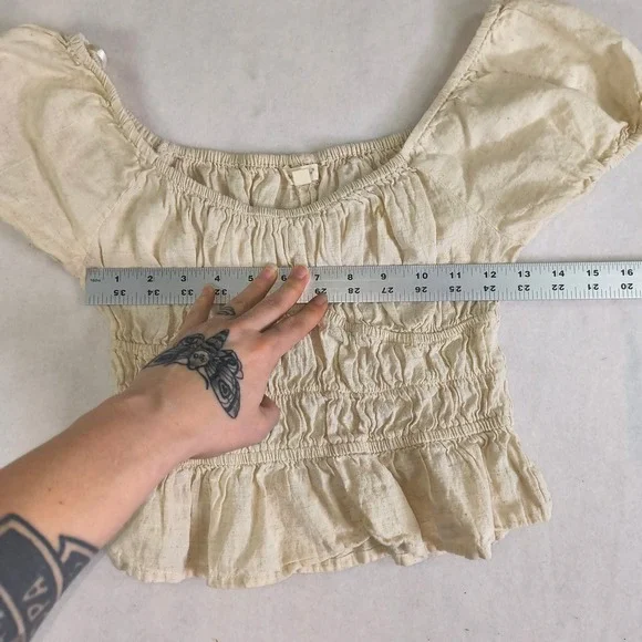 Sim & Sam Cream Linen Blend Smocked Peplum cropped Blouse Small Cottagecore boho - Picture 6 of 8